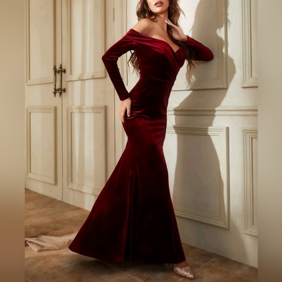 New Luxe Velvet Wrap Off Shoulder Formal Maxi Dress Burgundy Red - Picture 1 of 13